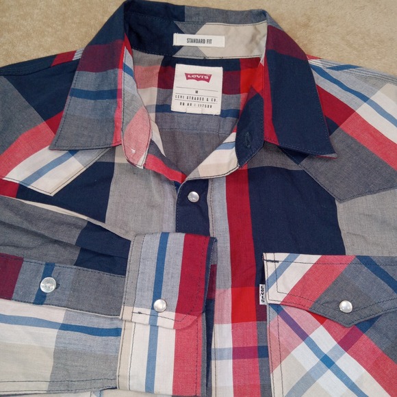Levis Standard Fit Long Sleeve Pearl Snap Shirt Men's Medium Plaid Red Blue Gray - Picture 1 of 8